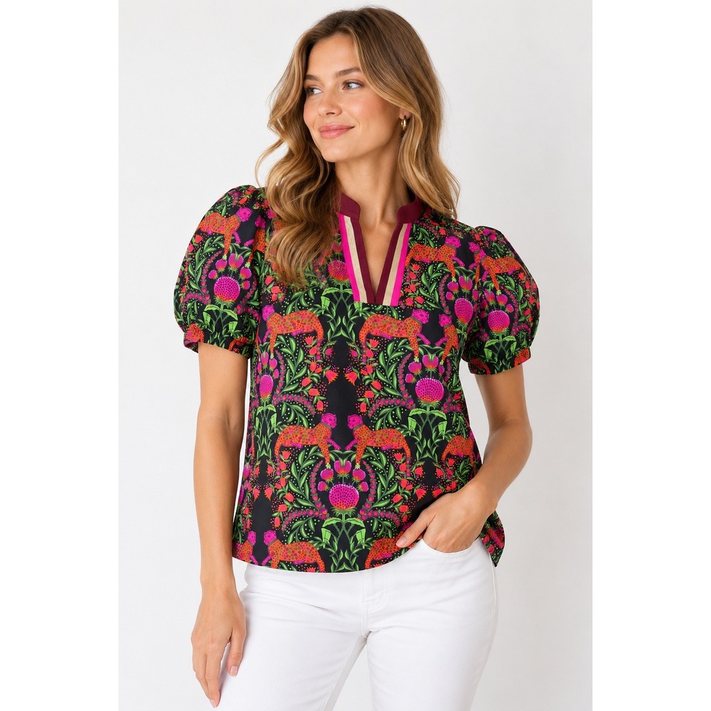 Emily McCarthy Savannah Popover Top XS Leopard Strawberry Jungle Print V-Neck